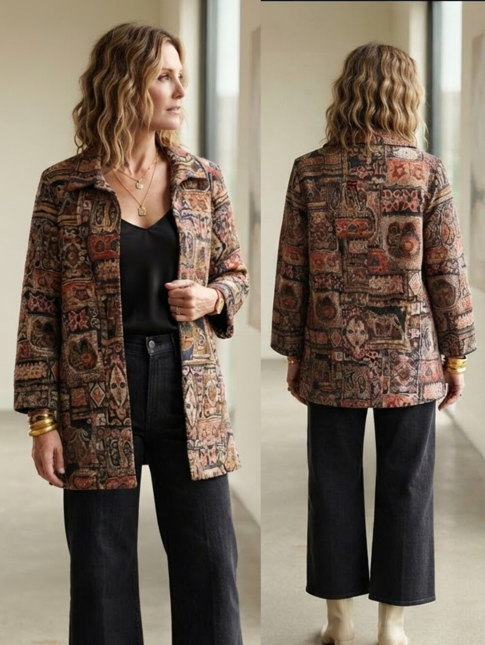 Vintage L Indian Motif Safari Paisley Bohemian Artsy Tapestry Beaded Long Blazer